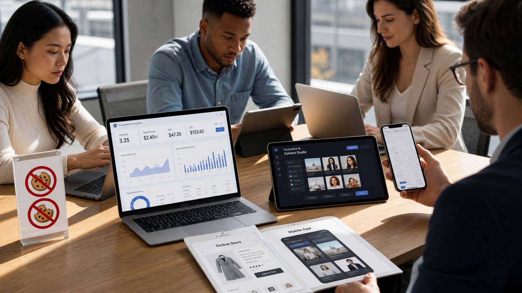 Equipe de varejo digital analisando dashboards e designs em dispositivos eletrônicos