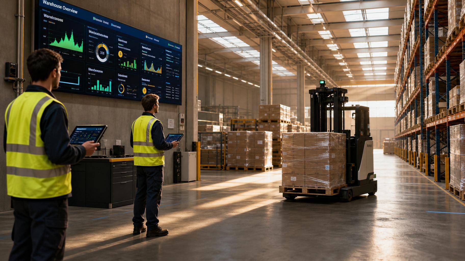 Empilhadeira autônoma transportando paletes em armazém moderno com telas de dados em tempo real ao fundo