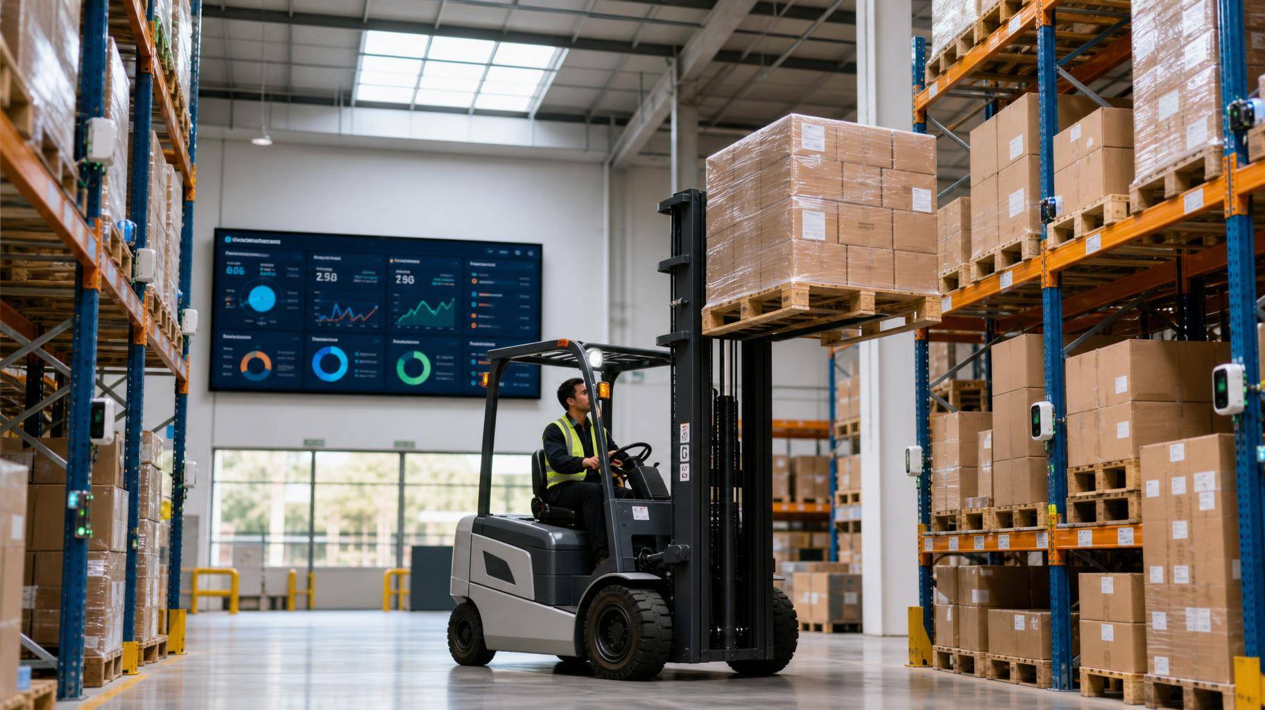 Empilhadeira elétrica em armazém inteligente com sensores IoT