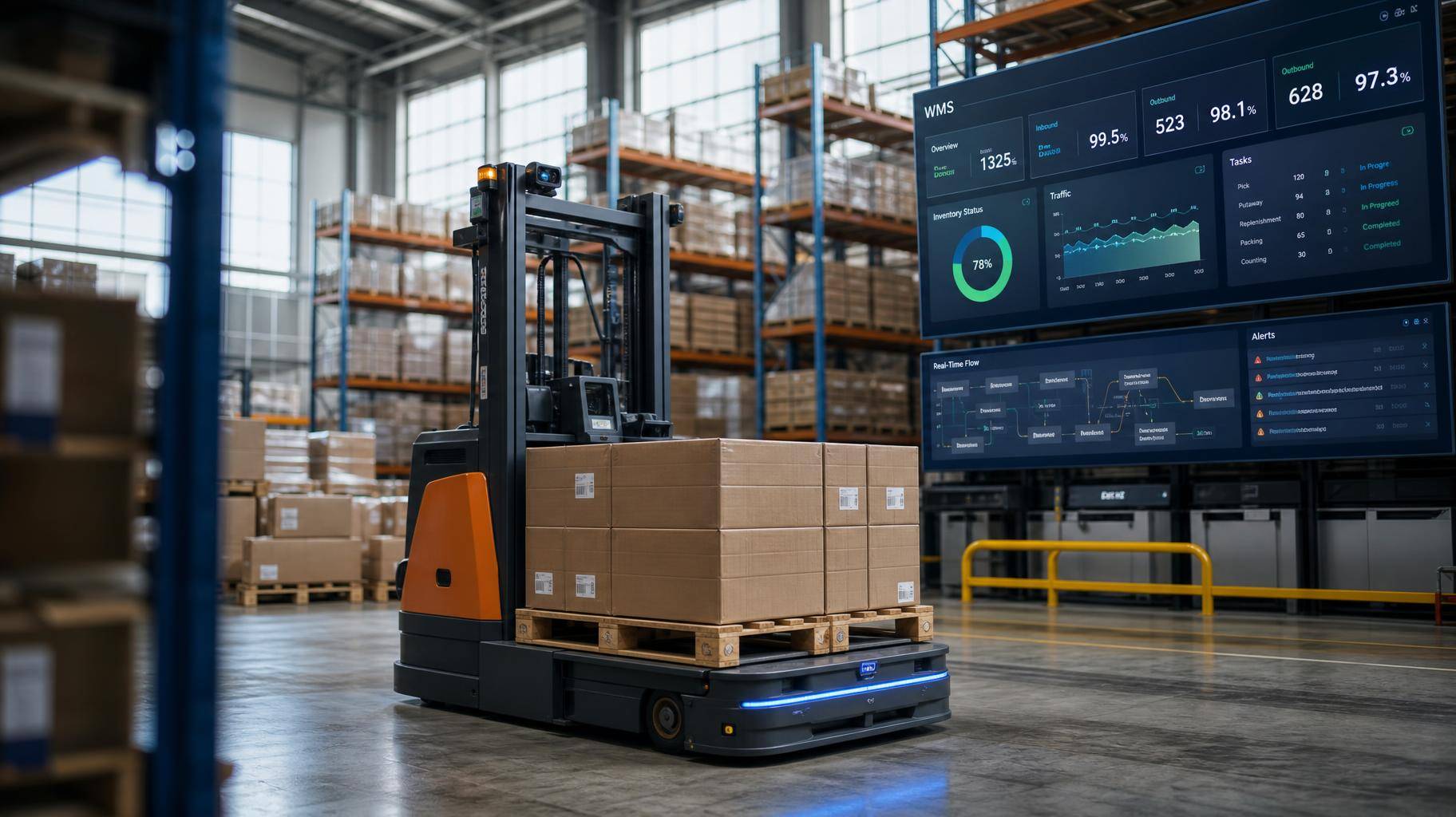 Empilhadeira automatizada em galpão logístico com dados em tempo real
