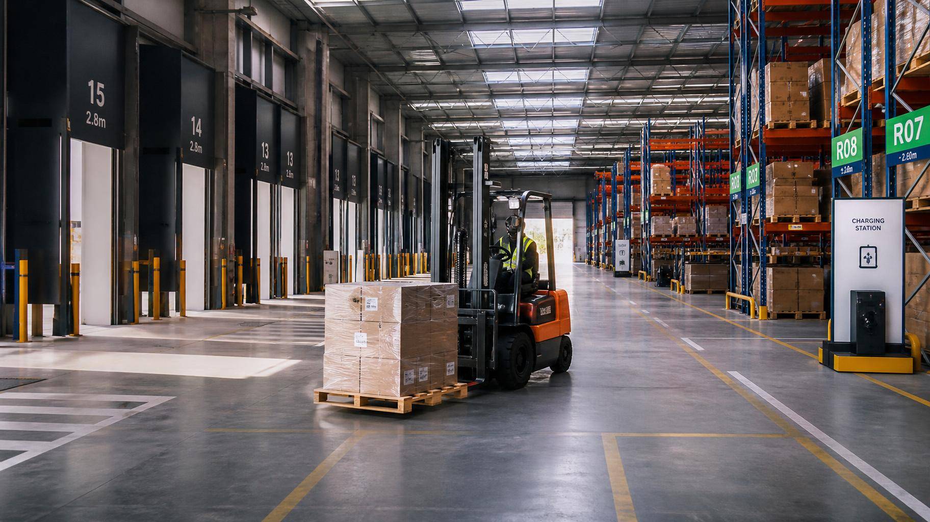 Interior de galpão logístico moderno com empilhadeira em corredor amplo