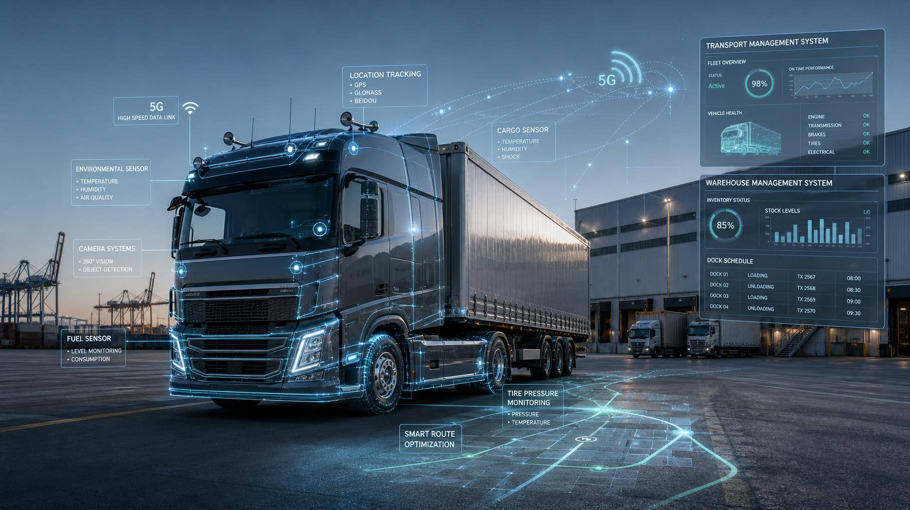Caminhão de carga pesada em pátio inteligente com sensores IoT