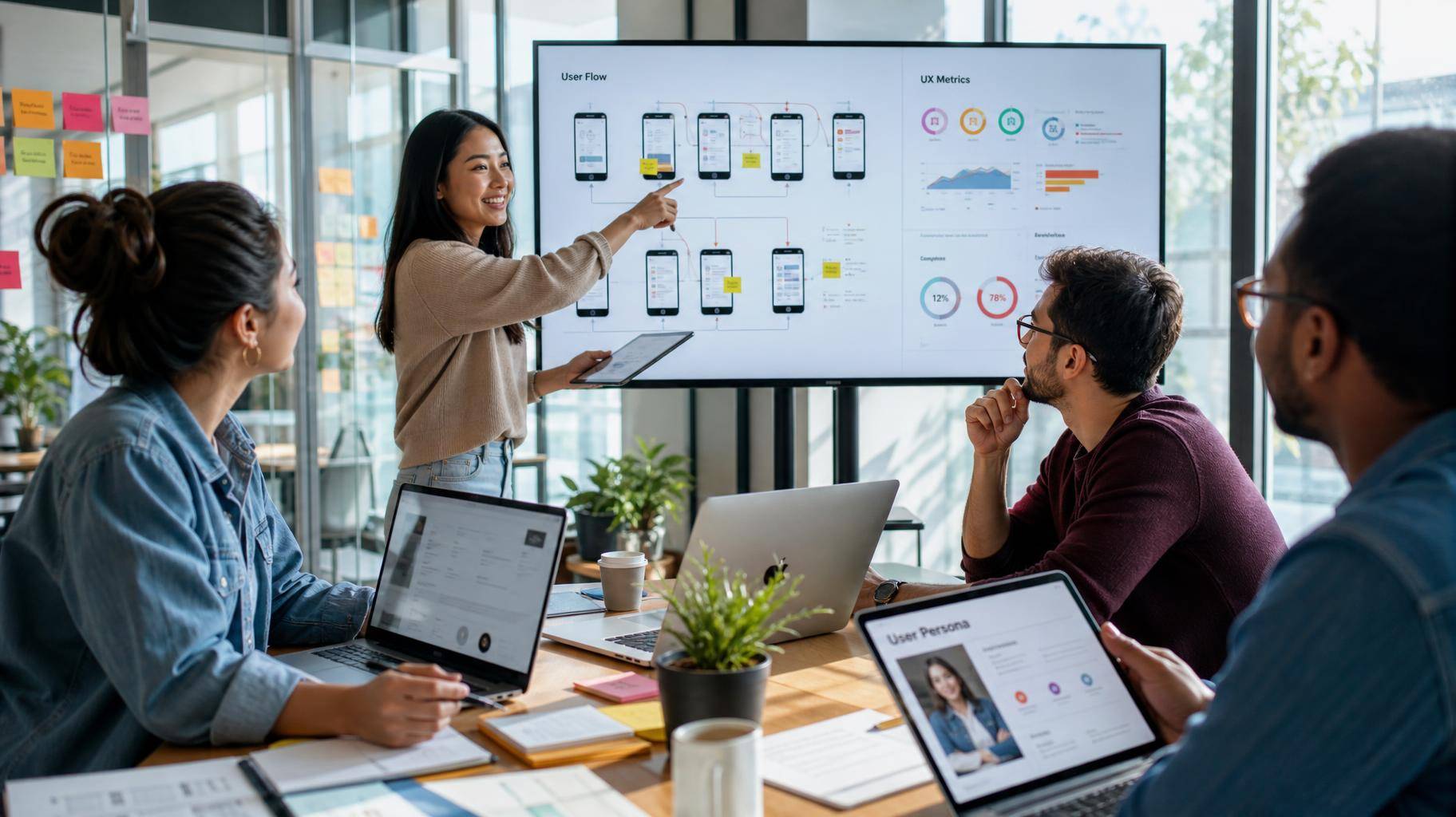 Equipe de design UX colaborando em escritório moderno com dashboards de métricas na tela