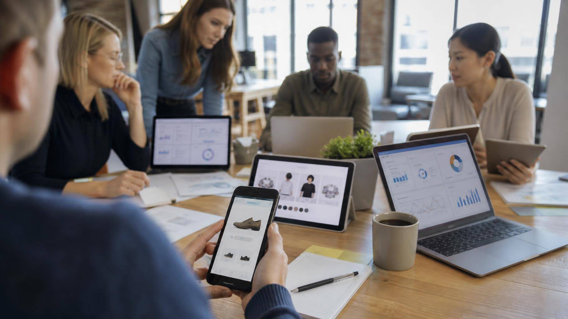 Equipe de profissionais de comércio digital em um escritório moderno, com notebooks e smartphone mostrando dashboards de desempenho e interface de checkout invisível.