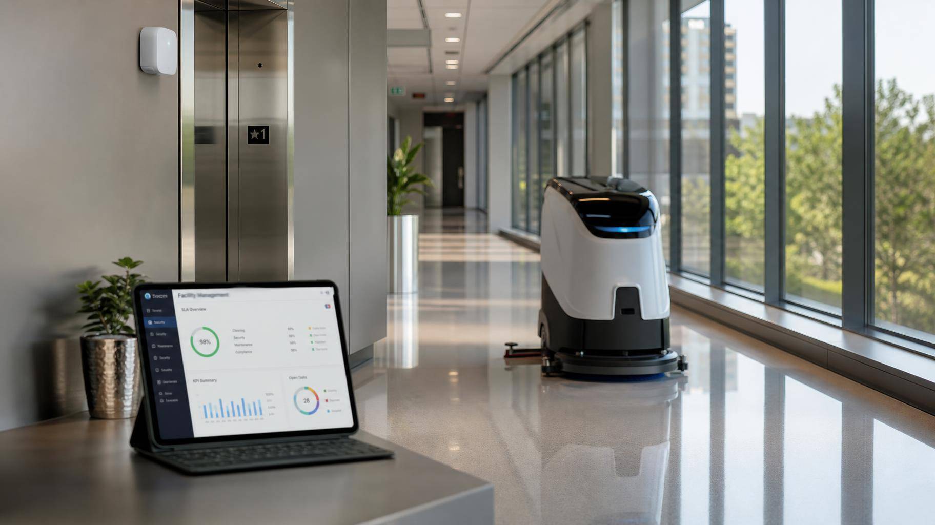 Robô de limpeza autônomo em corredor de escritório moderno com sensor IoT e tablet de gestão