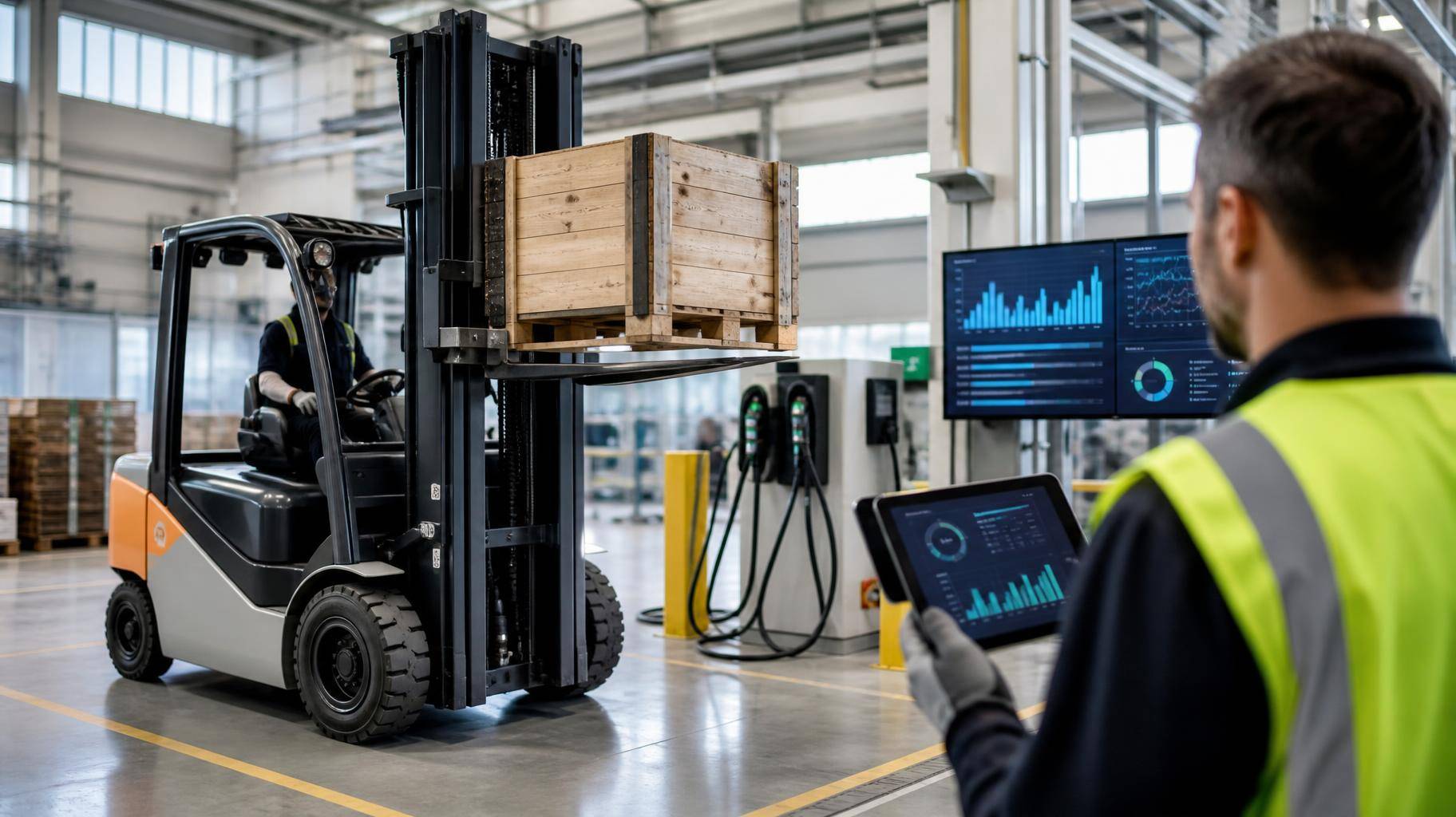 Fotografia de um piso de fábrica moderno com uma empilhadeira elétrica içando um pallet, telas digitais ao fundo exibindo gráficos de telemetria e um operador consultando um tablet próximo à estação de recarga.